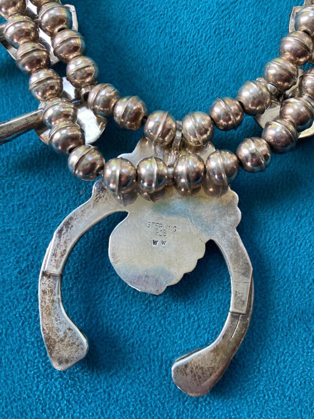 Vintage Navajo Sterling Silver Turquoise Coral Squash Blossom Necklace SIGNED - Picture 5 of 8